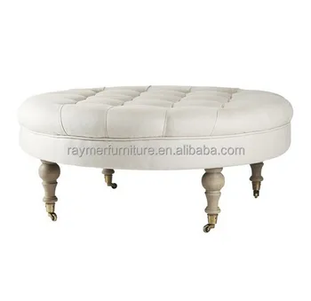 French Country Style White Linen Fabric Tufted Round Ottoman French Country Style White Linen Fabric Tufted Round Ottoman