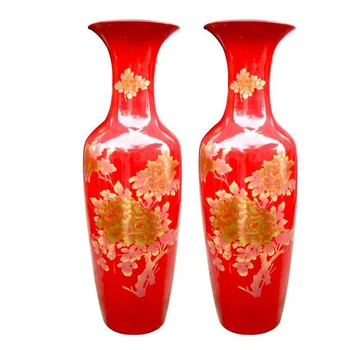 Shiny Golden Peony Painting Large Decorative Red Chinese Vases