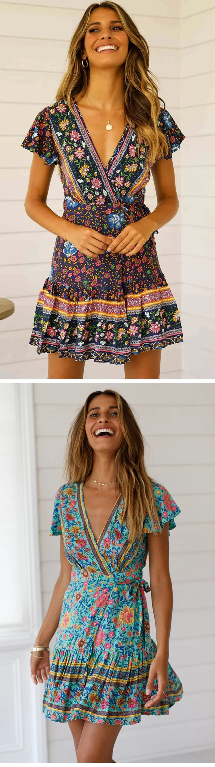 Sexy Ruffled Dresses Women Summer Ladies Bohemian V Neck Printed Dress