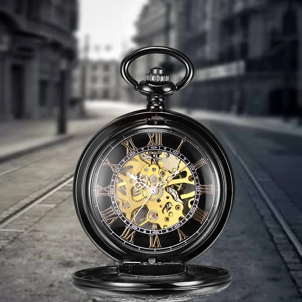 Customized My Logo Mechanical Pocket Watch Chain Custom Black Steampunk Fob Pocket Watch Bulk