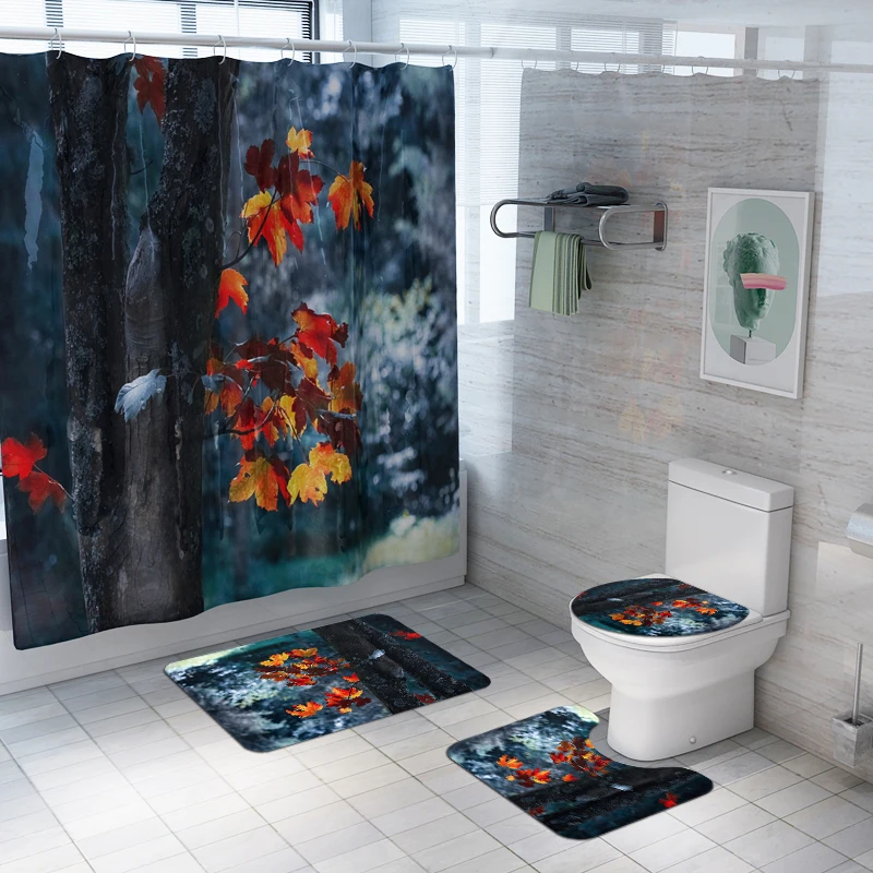 Maple leaf printed Toilet Pad Cover Bath Mat Shower Curtain Set for Bathroom Decoration
