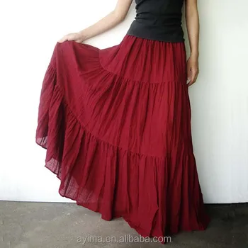 Deep Red Cotton Gauze Women Skirts Hippie Gypsy Boho Tiered Long