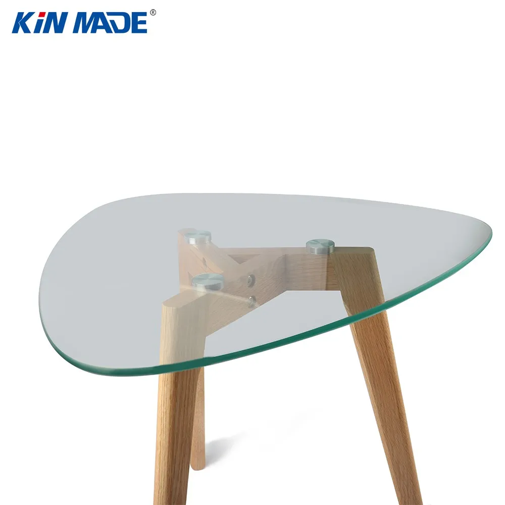 kinmade 三角形钢化玻璃顶级咖啡桌实木橡木腿茶几茶几客厅家具