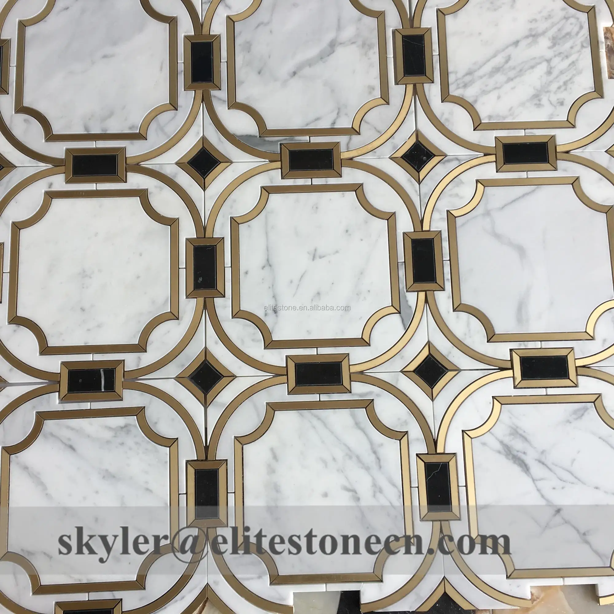 Marble Mosaic Waterjet Tile Brass Insert Backsplash Tiles for Kitchen