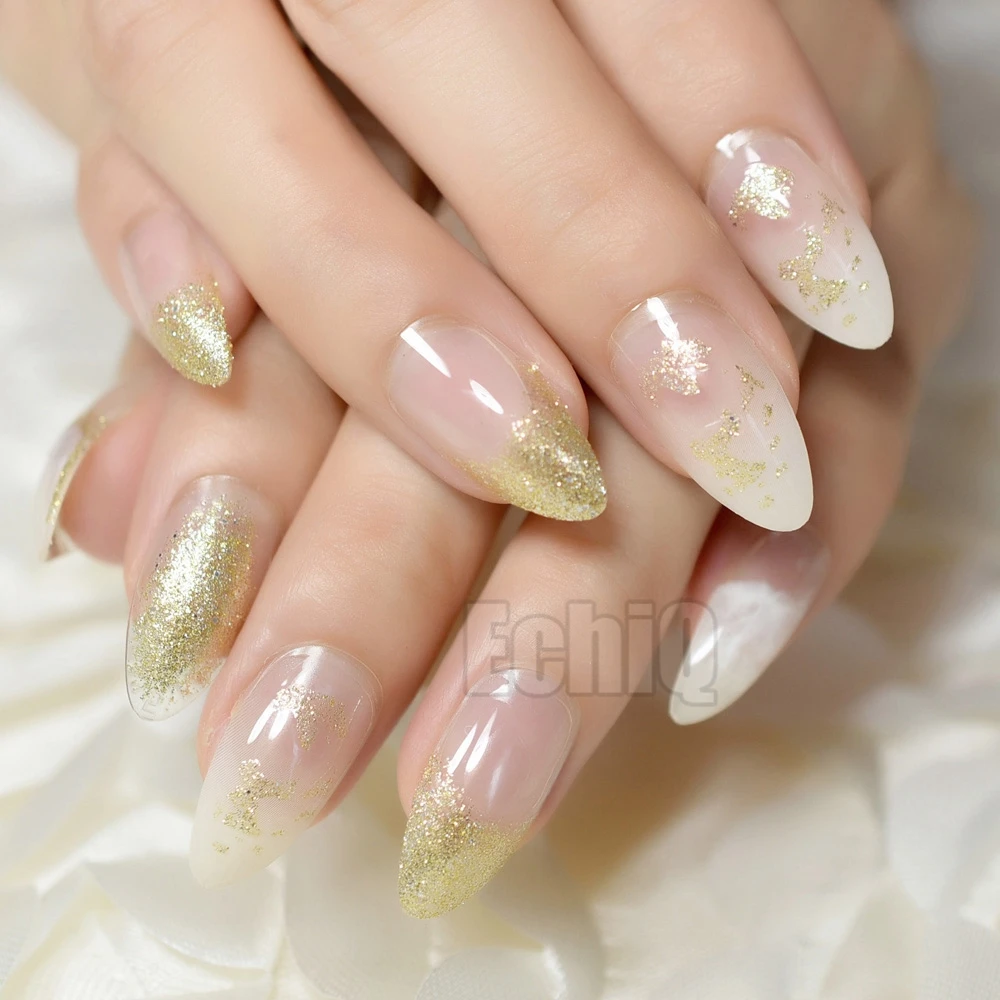 Gold Glitter Fake Nails for Women, Sharp Stiletto -Alibaba.com