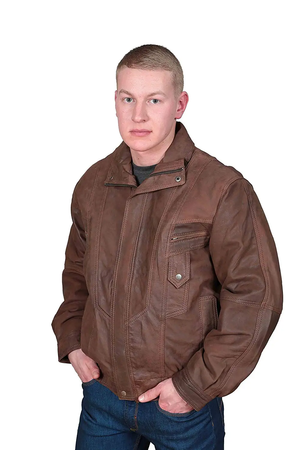 A1 FASHION GOODS Mens Classic Blouson Leather Jacket Alan Brown Gents Bomber Style Leather Jacket