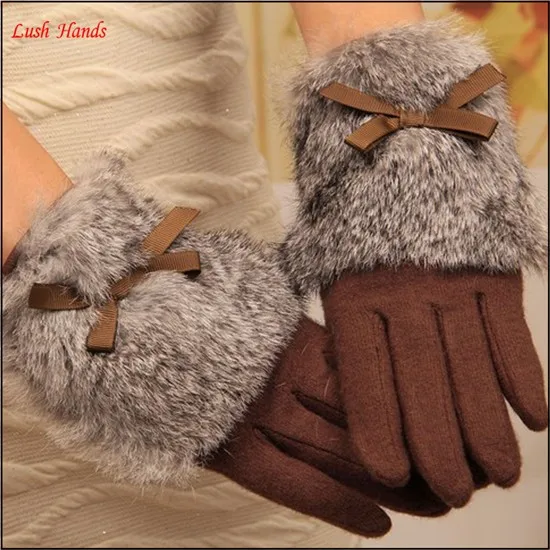 Hot selling ladies lovely woolen gloves with fur cuff