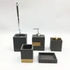 Home fashion 6pcs bath set tumbler polyresin with wood bathroom fittings
