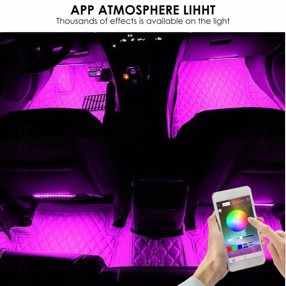 4pcs 48 LEDs Bluetooth App Control car Interior Lights Multi Color Music Car Strip Light