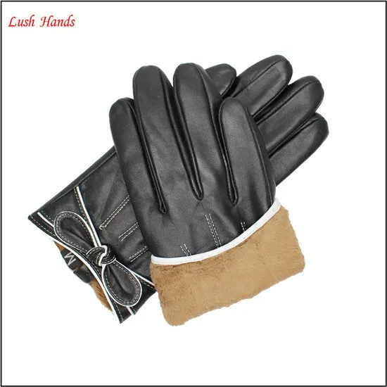 women's leather Black driving gloves leather gloves with bow