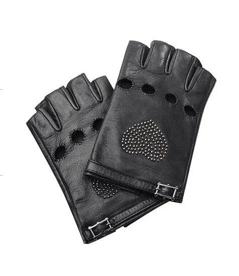 Fashion ladies Heart shape rivets studded less finger driving leather gloves