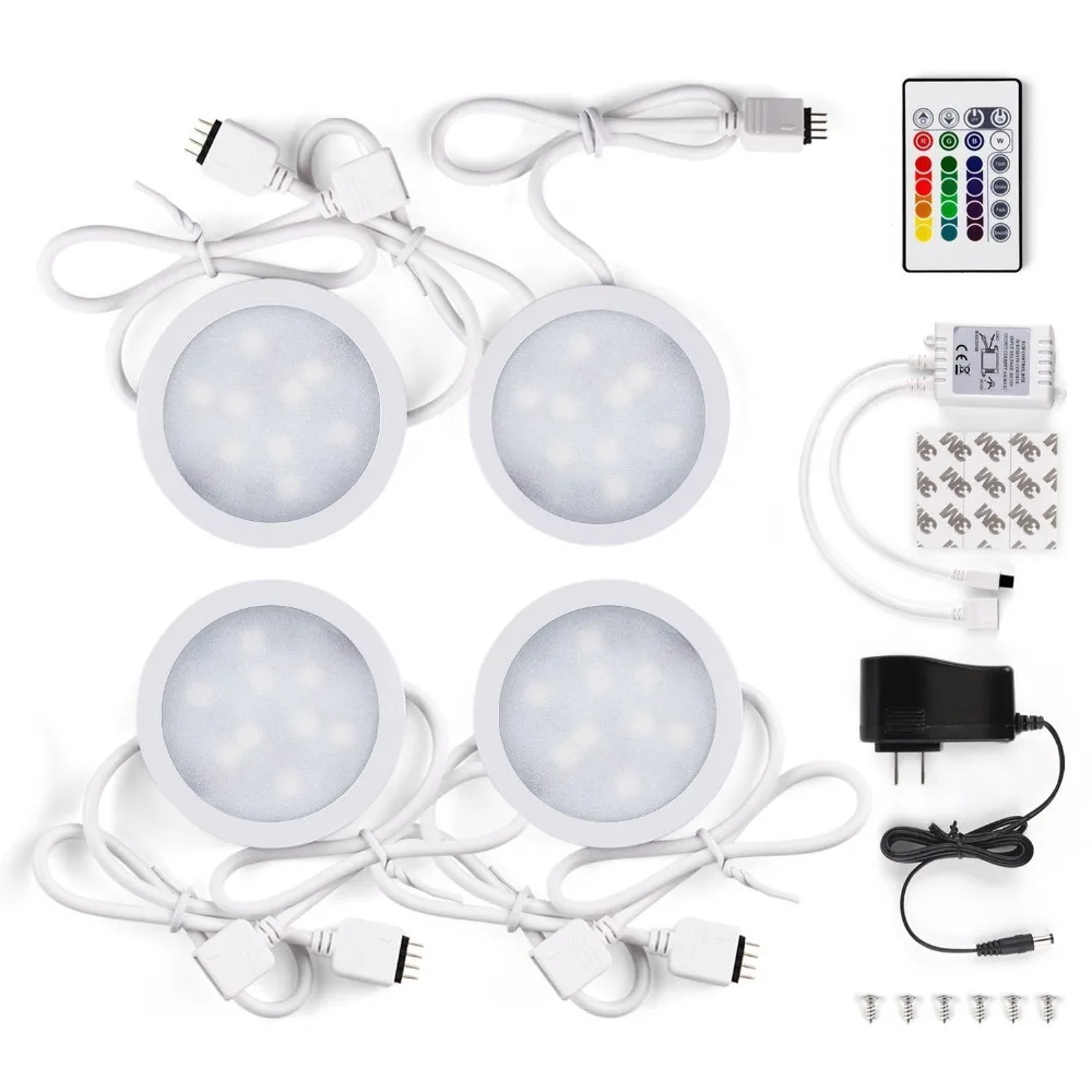 4 PCS Color Changing LED RGB Under Cabinet Lighting Kit Puck Lights with Remote