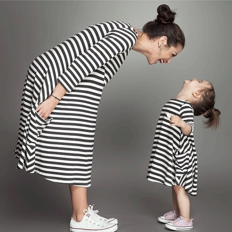 Family Matching Outfits baby and mom women dress nighty girl dress kids pajamas stripe Mother and