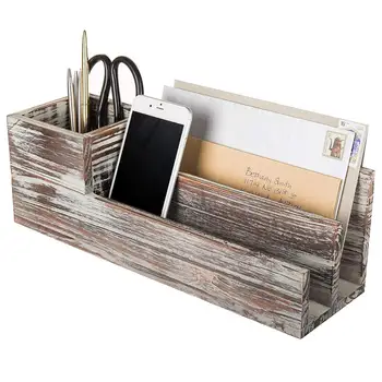 Rustic Torched Wood Desktop Office Supplies Caddy 2 Slot Letter