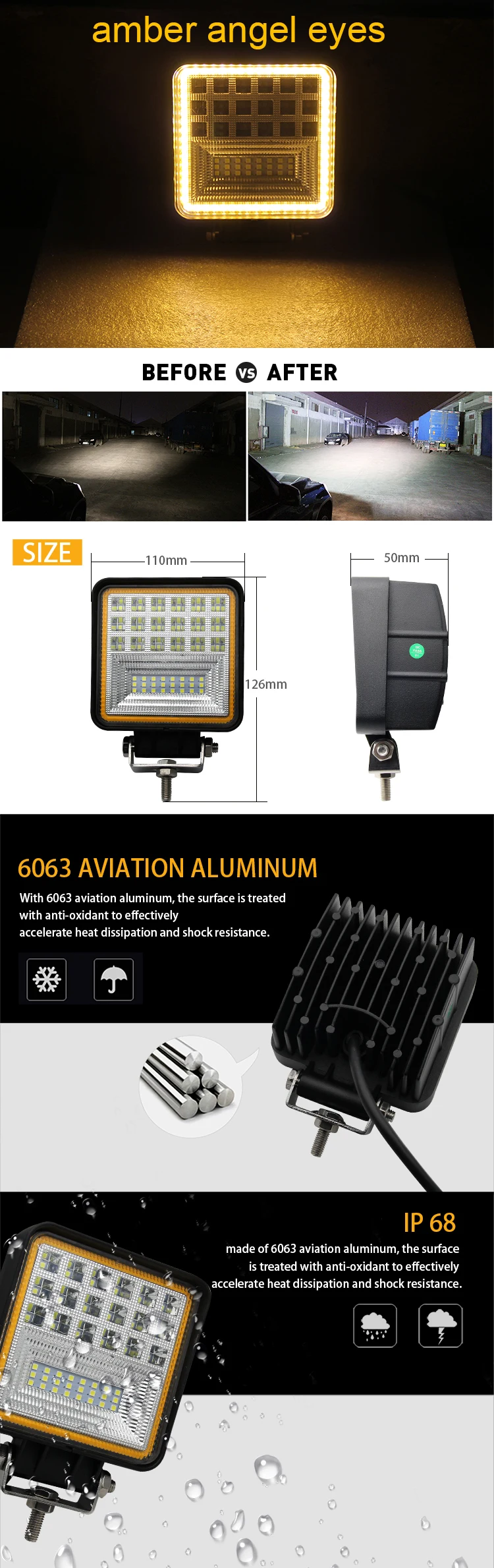 Amber Angel Eyes 60w 7D Reflector Square 36 Volt Safety Warning Work Led Forklift Light
