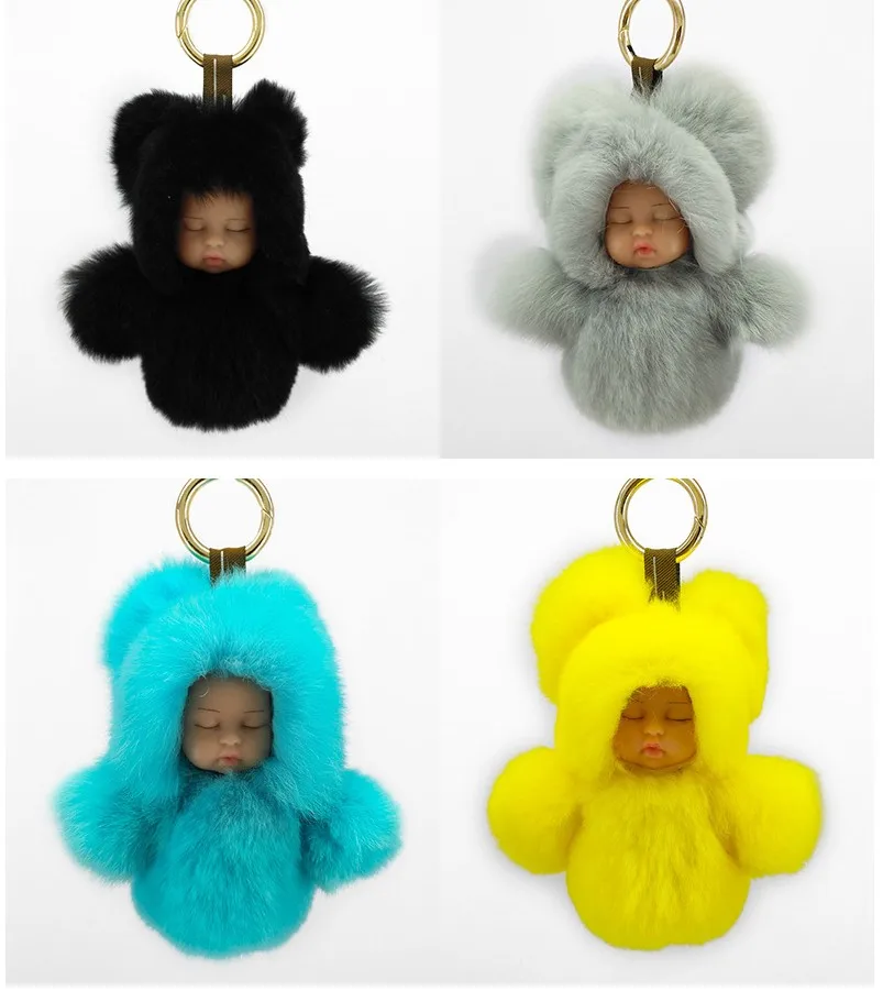 Yongze  Fashion 100% real  rabbit fur key chain Sleep Baby fur souvenir custom keychain manufacturers in china