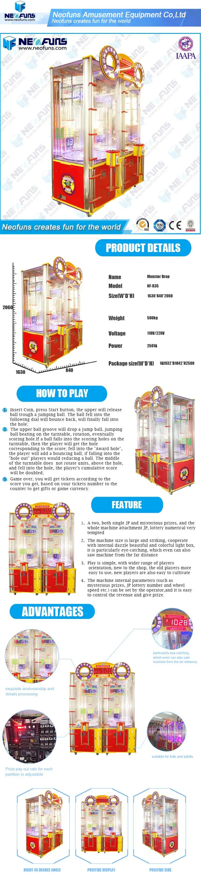 High Profit Monster Drop Coin Operated Arcade Game Machine Ticket