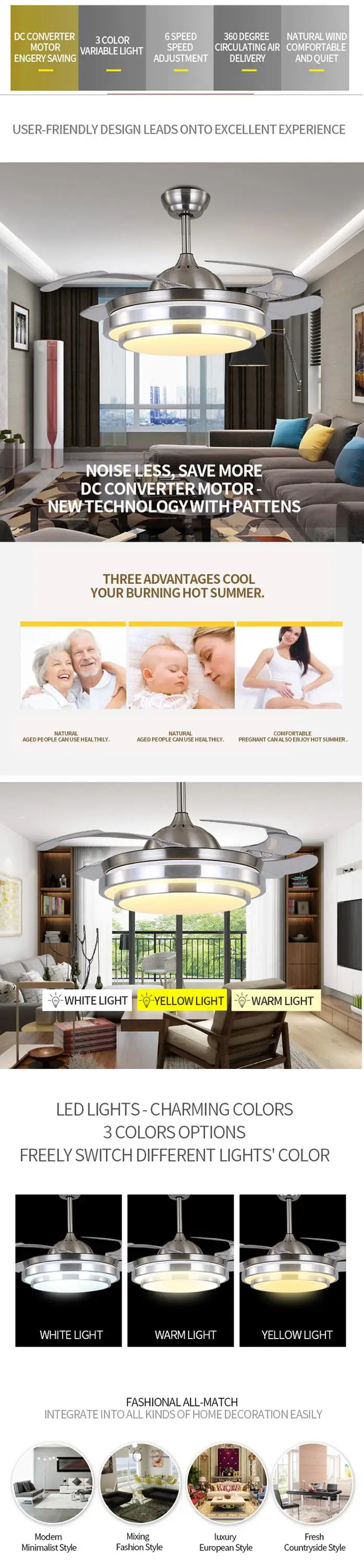 Hot sell modern design high quality hidden blades ceiling fans