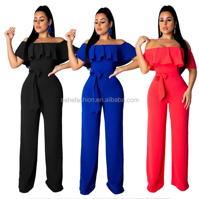 90327-MX33 Off The Shoulder Ruffles Jumpsuits Women With Long Pants