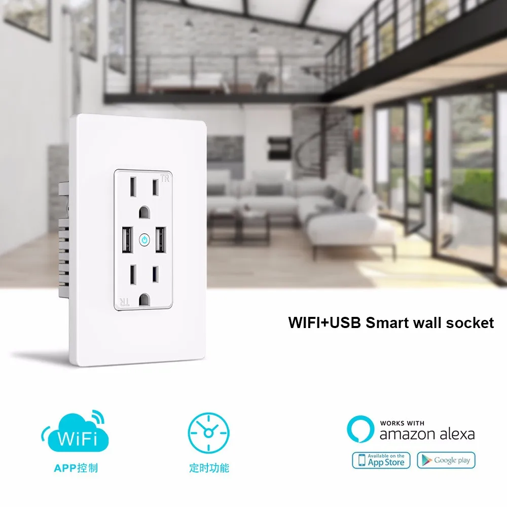 Us Standard 15amp 125vac 6pin Electric Power Wifi Smart Wall Socket Outlet With 2 Usb 5vdc 2