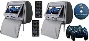 Gray Color Zipper Pair of Headrest 7" LCD Car Monitors with Region Free DVD player USB SD Inc. 32 Bit Games and 2 wireless Remote Controls