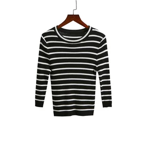 Multi Color Striped 3/4 Round Neck Length Sleeves Ribbed Cuff and Hem Slim Fit Tops Woman Knitwear Multi Color Striped 3/4 Round Neck Length Sleeves Ribbed Cuff and Hem Slim Fit Tops Woman Knitwear