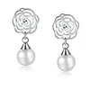 Marlary 14K White Gold Stud Earrings Wedding Flower Shaped Earrings Simple Pearl Earrings
