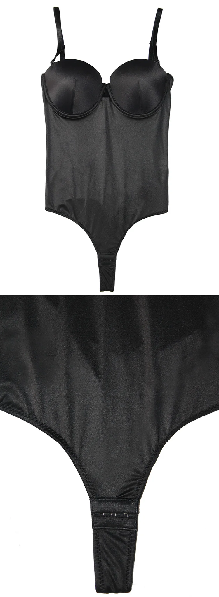 Women Black Hourglass Crotch Closure Bodysuit Push Up Chest Shapewear