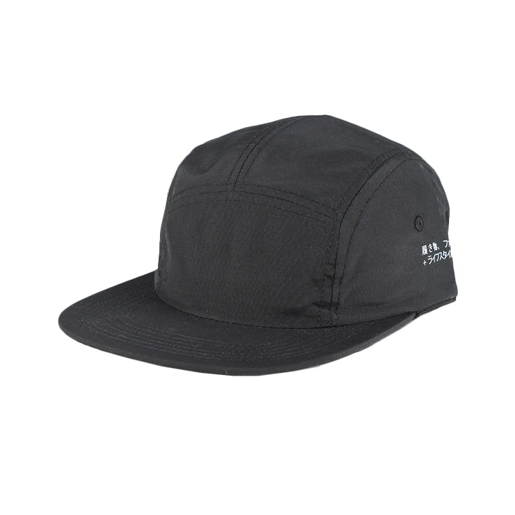 Custom Made Top Quality Black Colored Nylon Soft Feel 5 Panel Camp Caps
