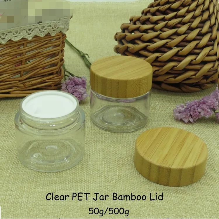 50ml 150ml 250ml Bamboo Wooden Lids Clear Plastic Cosmetic Cream Pots