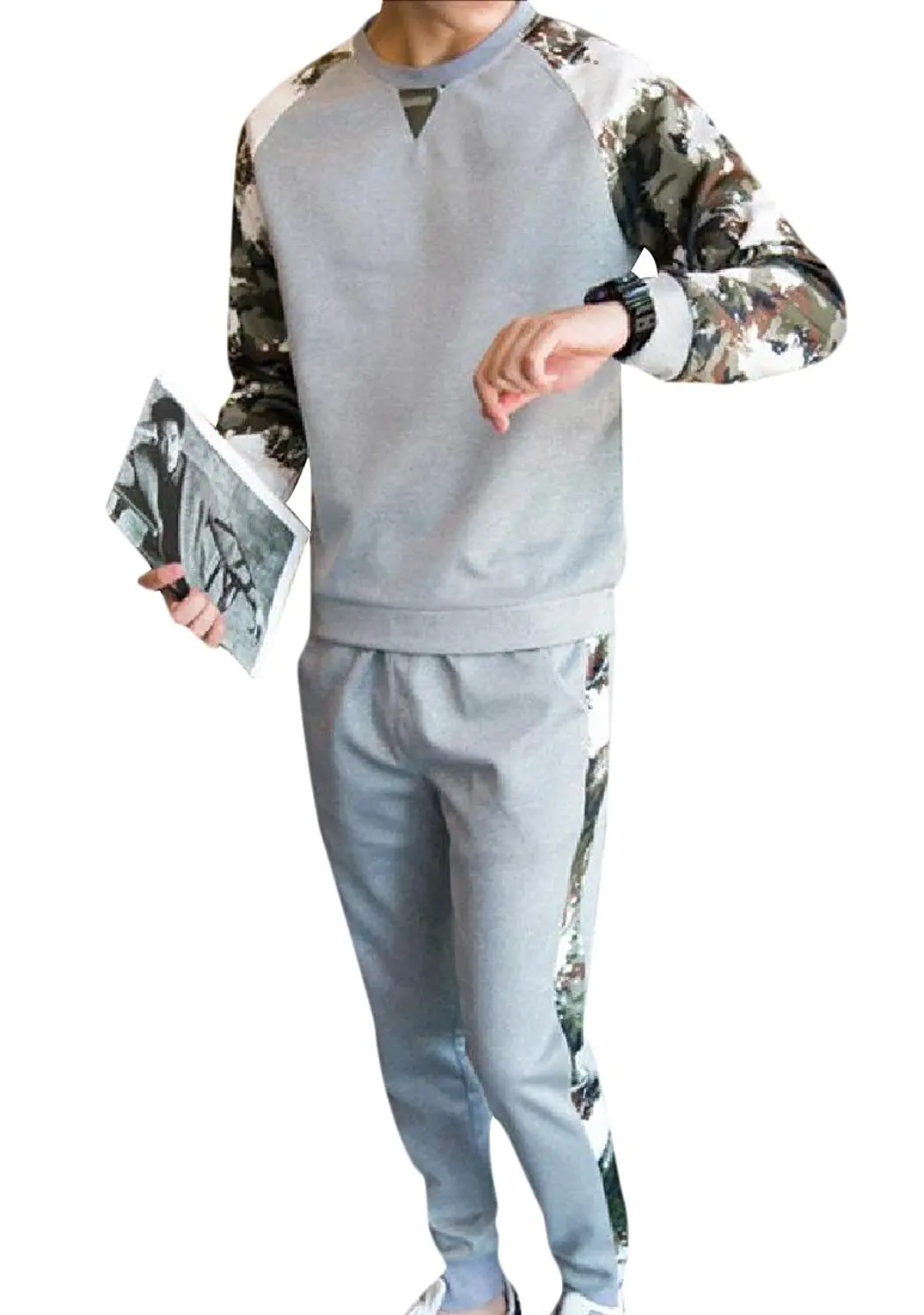 ouxiuli Men Sport Set Jogging Sweat Suits Casual Tracksuits Zip up Jacket Pants Grey L