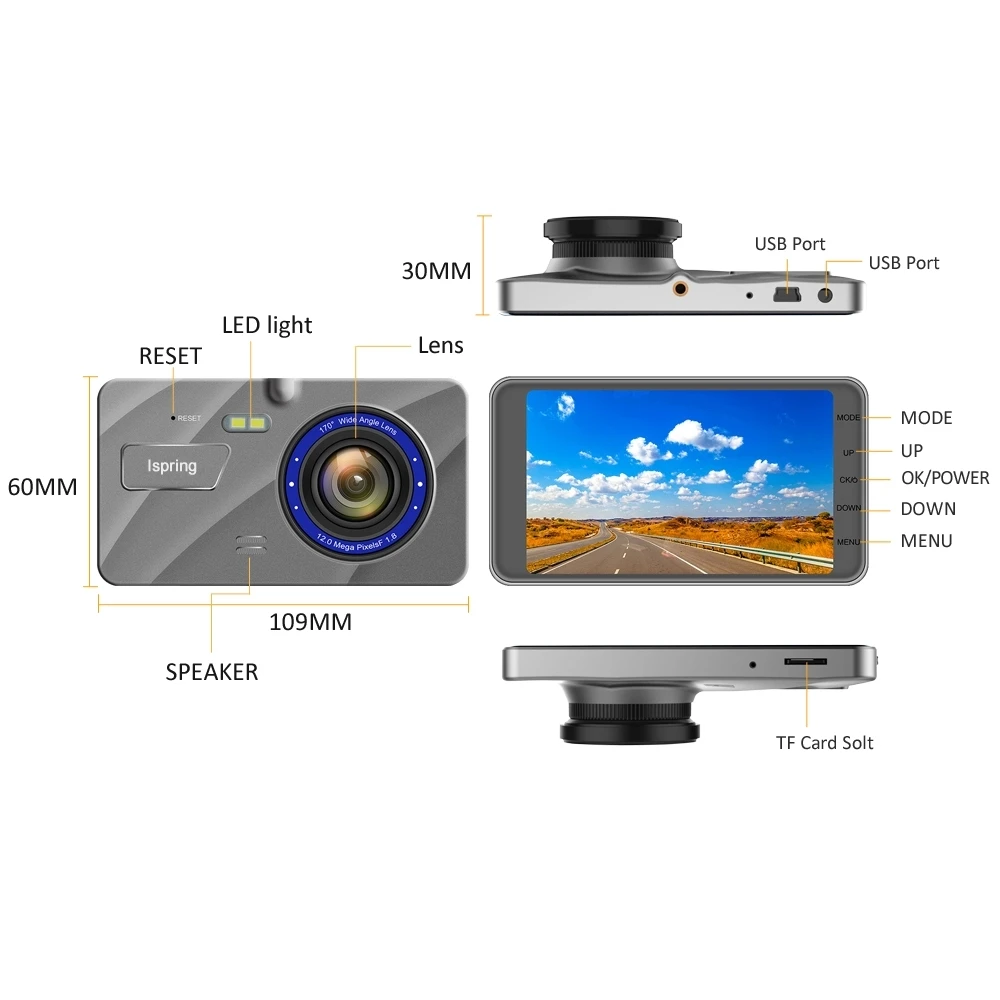 Jeemak 4" Ips Dual Lens Dashcam Fhd 1296p Dashboard Camera Wide Angle