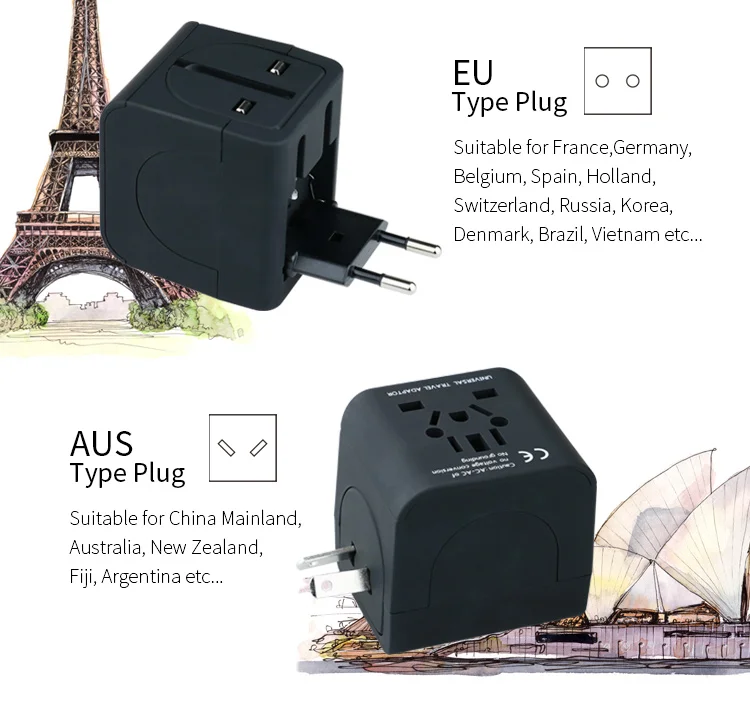 Electrical Socket European/American/Australia/UK Plug Adaptors All in One Universal Travel Adapter with USB Charger