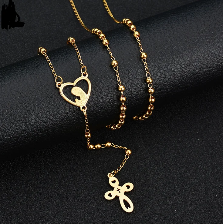 52cm gold plated Virgin Mary Jesus Cross rosary necklace catholic