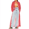 women Long red polk dot print open front kimono sleeve beach wear chiffon blouse