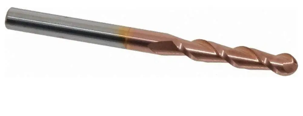 5/16" Diam, 1-5/8" Length of Cut, 2 Flute Solid Carbide Ball End Mill, TiCN Finish, Single End, 4" OAL, 5/16" Shank Diam, 40° Helix, Spiral Flute, Centercutting