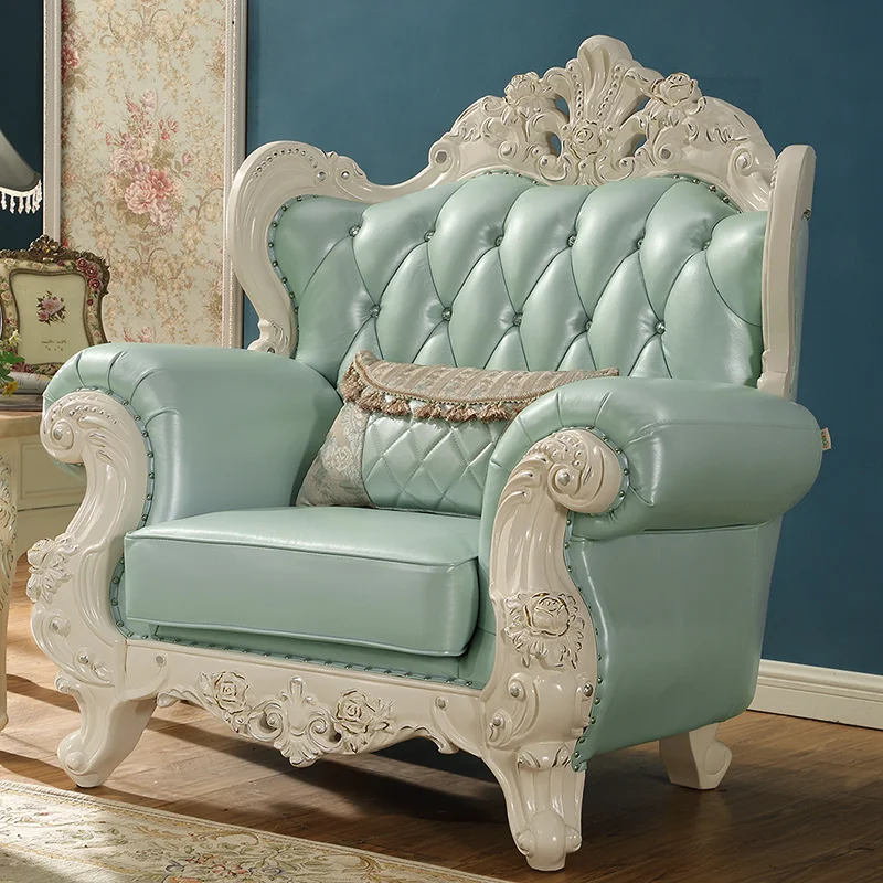 Light Green Luxury Genuine Leather Solid Wood Sofa Set For Living Room