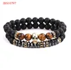 New design high quality matte onyx tiger eye stone hematite beads diamond skull bracelet set for men