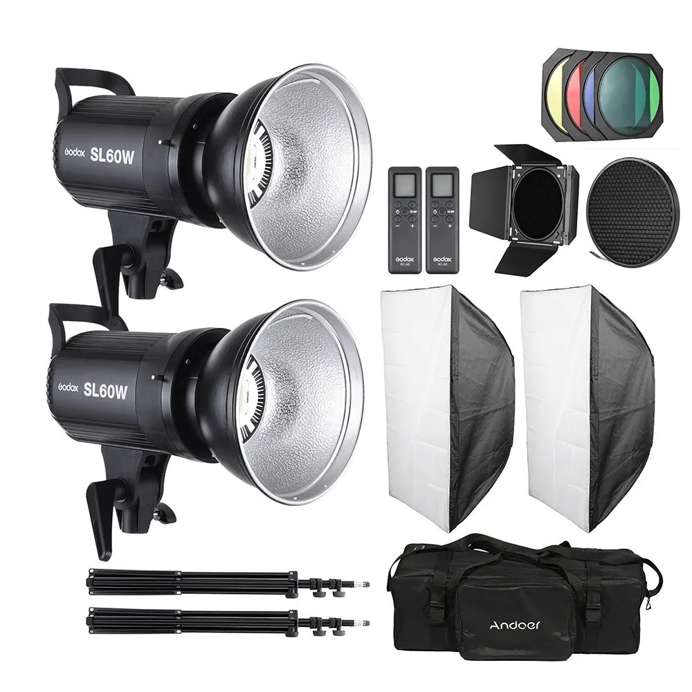 Andoer Studio Light Photo Set Strobe Kit including 2 Pcs Godox 60W LED Video Light + 2 Pcs 2M Light Stand Tripod + 2 Pcs Softbox + Barn Door Kit + Standard Lampshade Honeycomb+ Carrying Bag