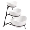 Ceramic Bowl Serving White 3 Tier Oval Bowl Set with Metal Rack