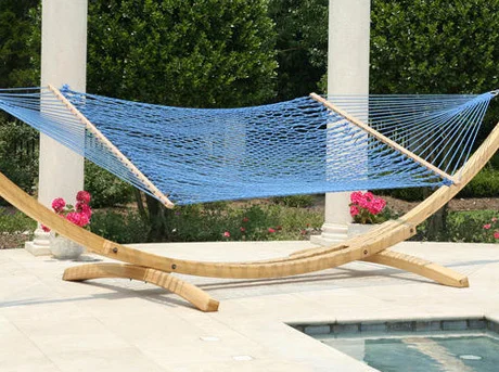 Outdoor Patio Double Wide Two Person Polyester Rope Wooden Stand Hammock 330 Pounds Capacity