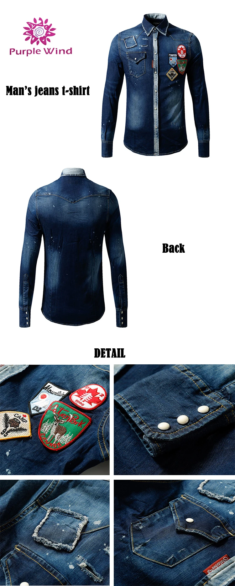 New Trend 100%cotton Print Badge Long Sleeve Jeans Denim Custom T-shirt ...