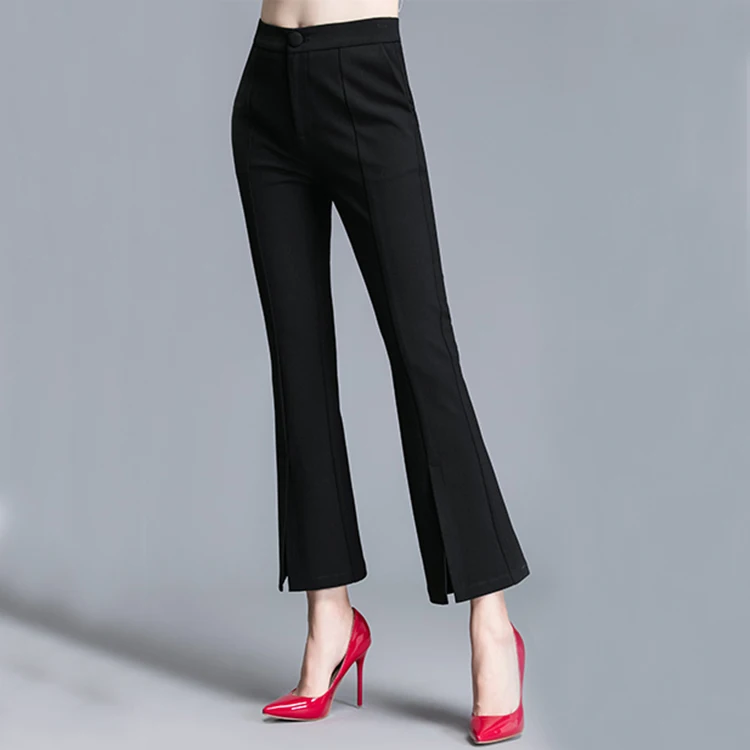 Office Lady High-waist Black Flare Pants With Front Split - Buy Fitted ...