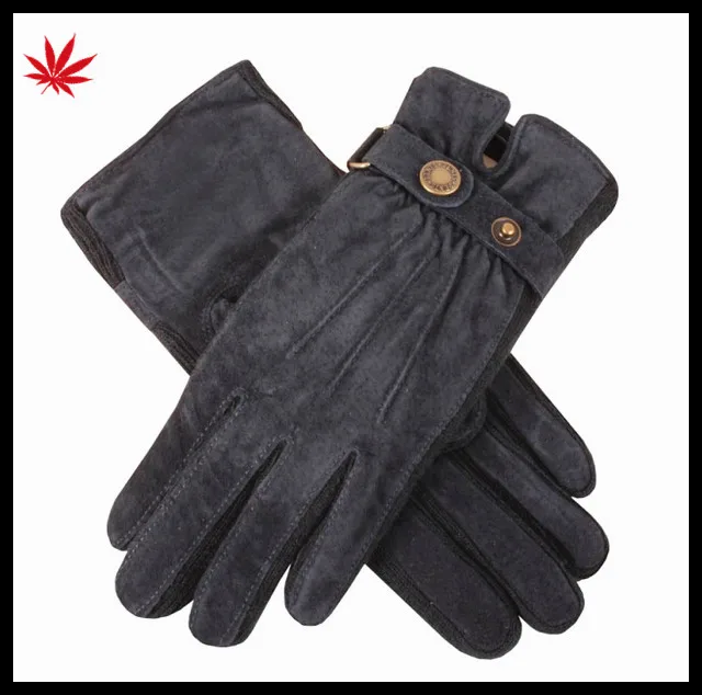 Black pig suede leather gloves women with acrylic knitted side