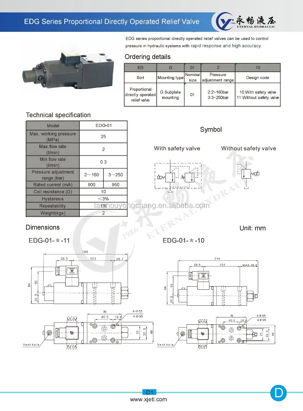 YUKEN Rexorth EDG Hydraulic Proportional Pilot Relief Valves