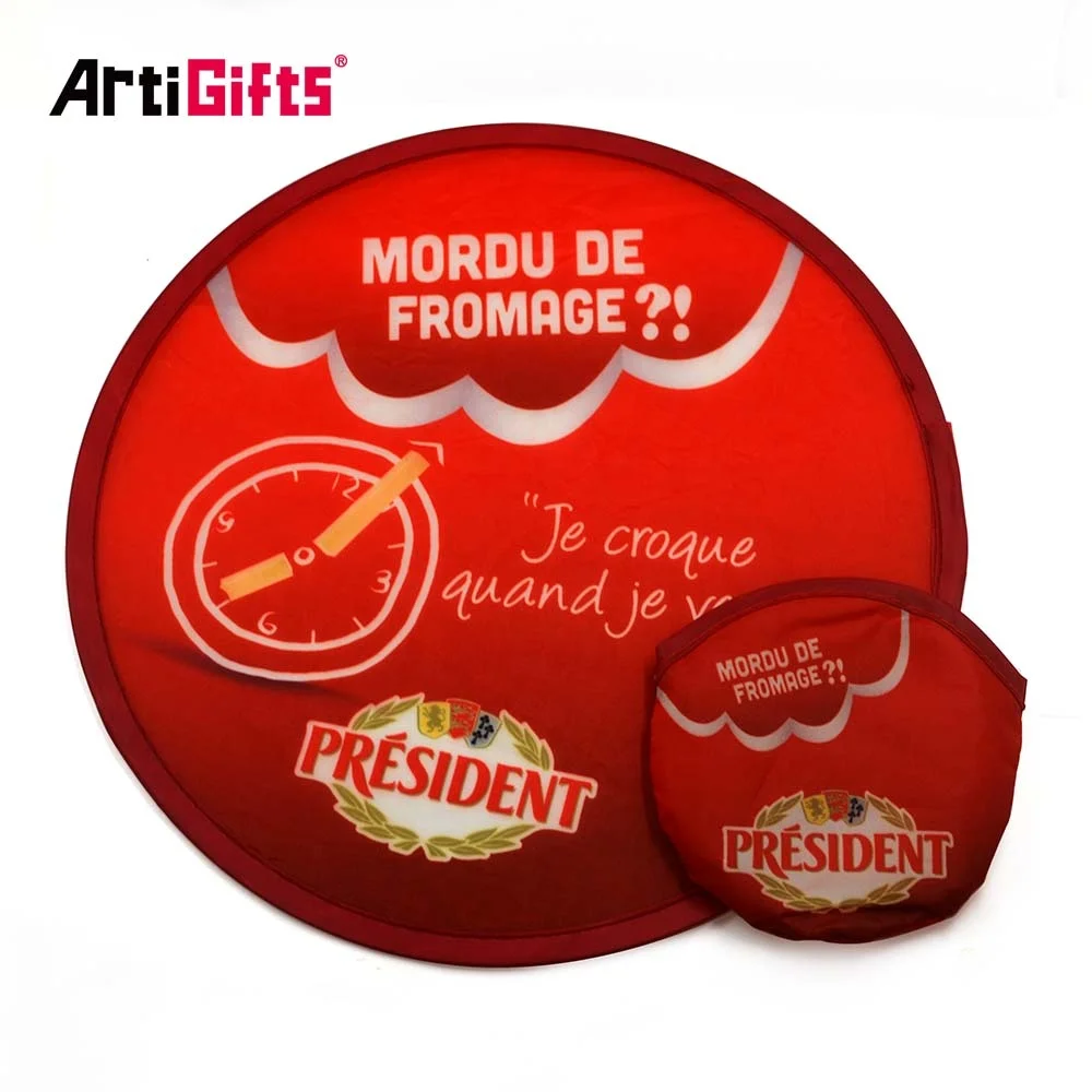 Custom Printed Soft Pet Flying Disc Round Nylon Hand Folding Fan With Pouch