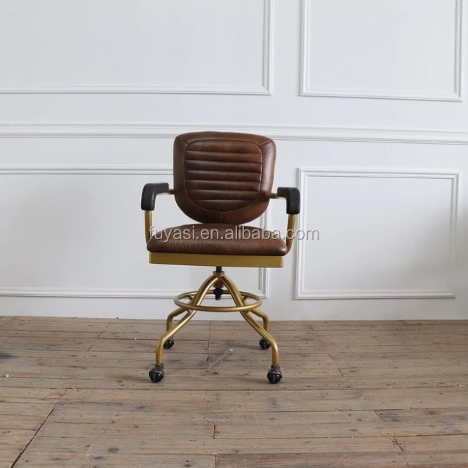 Goud kleur poedercoating rolling wielen base en vintage effen oude hout armsteun bureaustoel