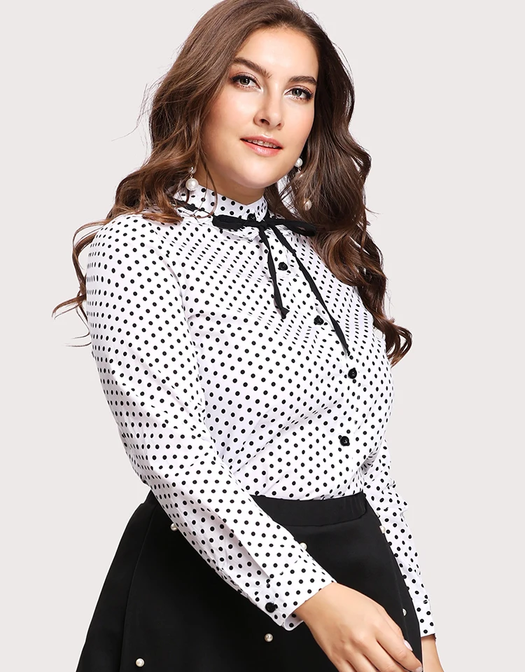 plus size white blouse with black polka dots