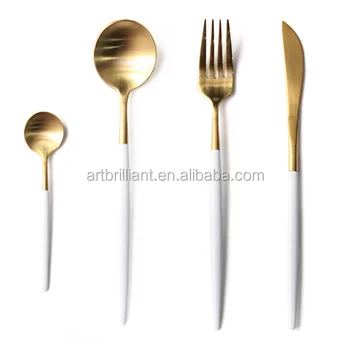 Dinnerware 18 8 Stainless Steel Cutlery Set Gold Flatware With White Dinnerware 18 8 Stainless Steel Cutlery Set Gold Flatware With White Handle Product On