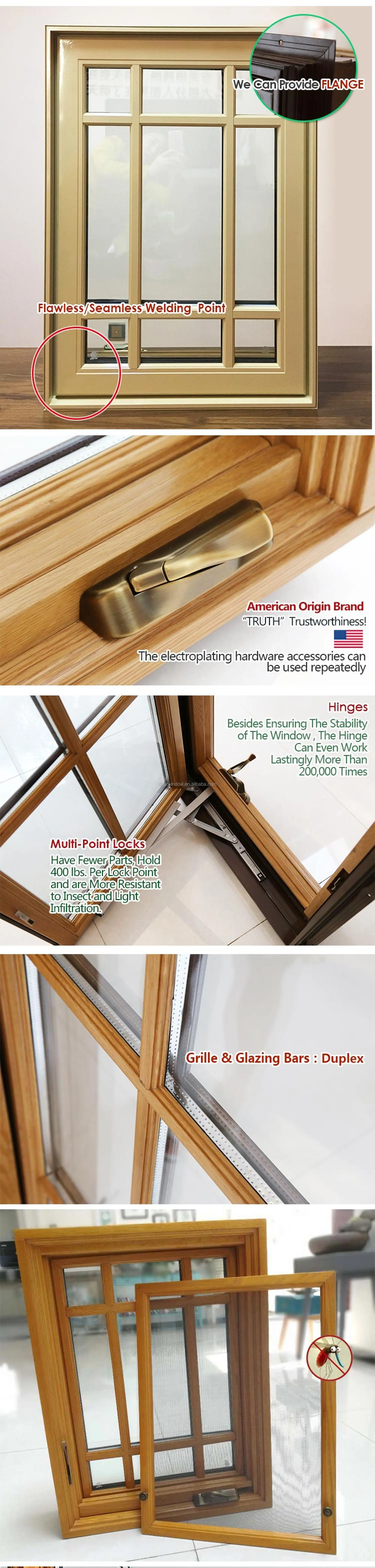 American standard wood aluminum frame crank open window with grill design and mosquito net